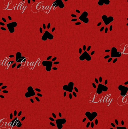 Lilly Craft Black DOG Paw Print on Red Fleece Anti-Pill FABRIC 58-60