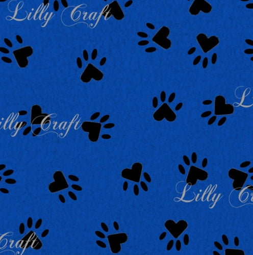 Lilly Craft Black DOG Paw Print on Royal Blue Fleece Anti-Pill FABRIC 58-60