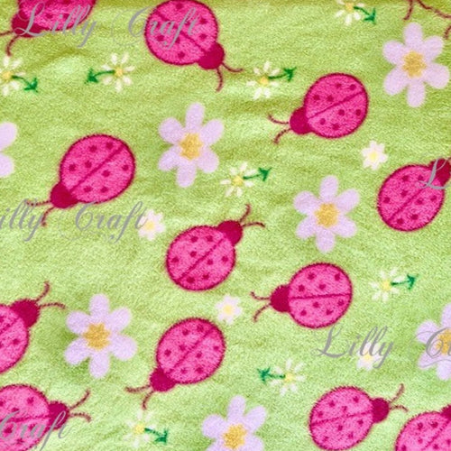 Lilly Craft Lady Bugs Pink on Green Print Fleece Anti-Pill FABRIC 58-60