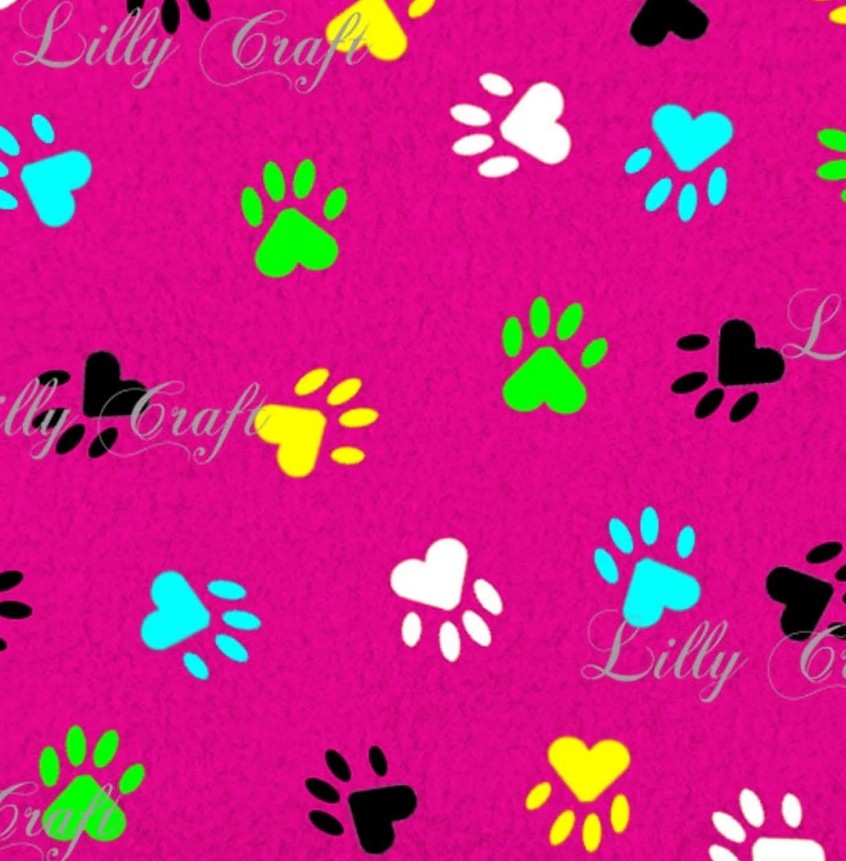 Lilly Craft Multi Color DOG Paw Print on Fuchsia Fleece Anti-Pill FABRIC 58-60