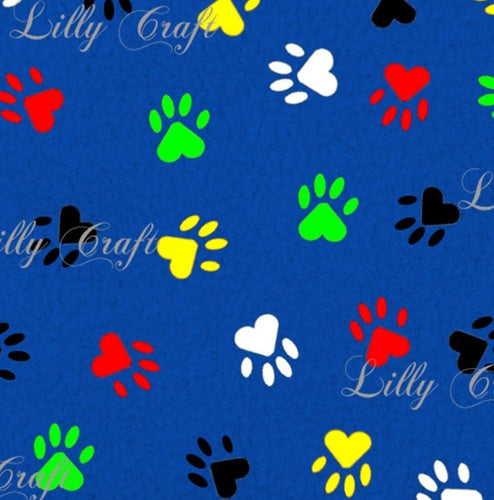 Lilly Craft Multi Color DOG Paw Print on Royal Blue Fleece Anti-Pill FABRIC 58-60