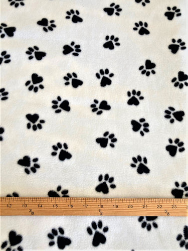 Lilly Craft Black DOG Paw Print on White Fleece Anti-Pill FABRIC 58-60